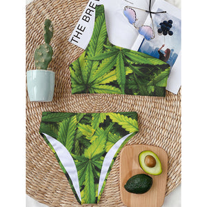 Cannabis Print One Shoulder Bikini Top