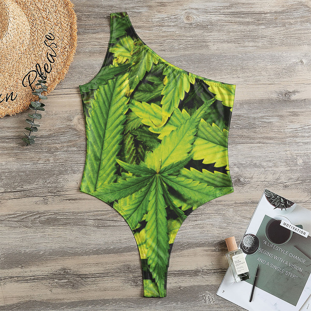 Cannabis Print One Shoulder Bodysuit