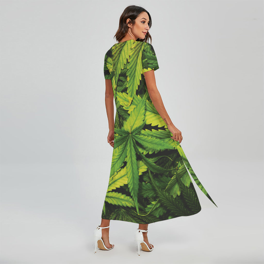 Cannabis Print Short Sleeve Maxi Dress