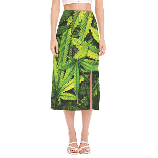 Cannabis Print Side Slit Midi Skirt