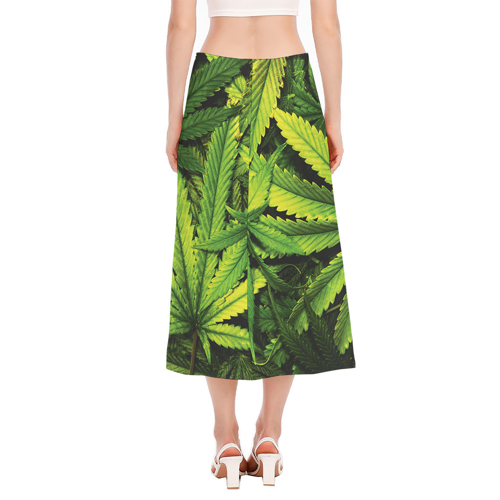 Cannabis Print Side Slit Midi Skirt