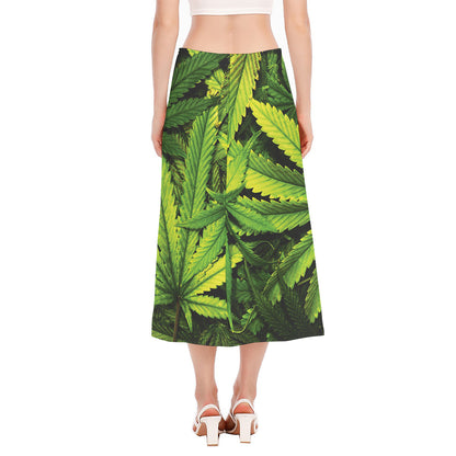 Cannabis Print Side Slit Midi Skirt