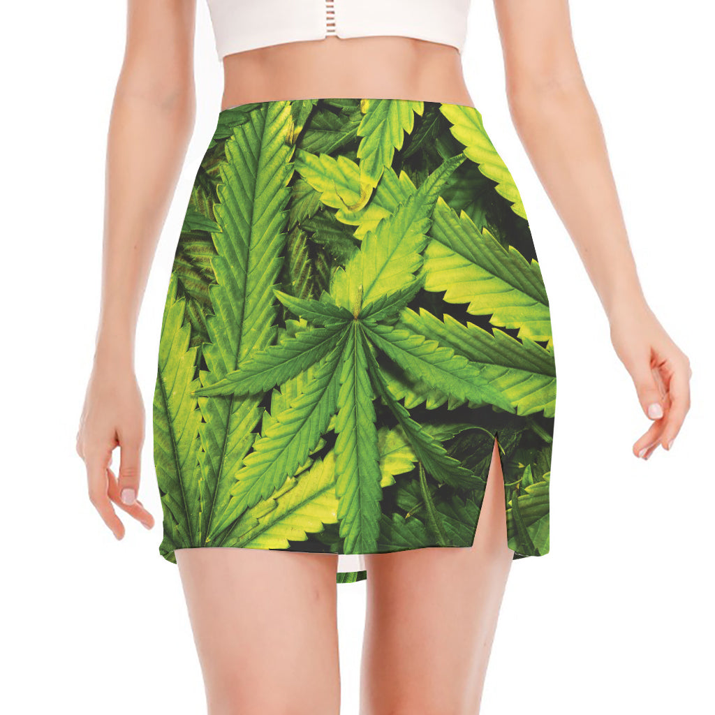 Cannabis Print Side Slit Mini Skirt