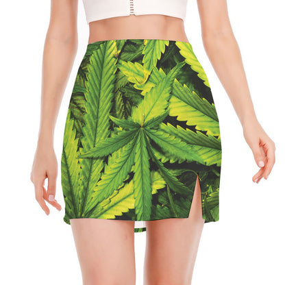 Cannabis Print Side Slit Mini Skirt