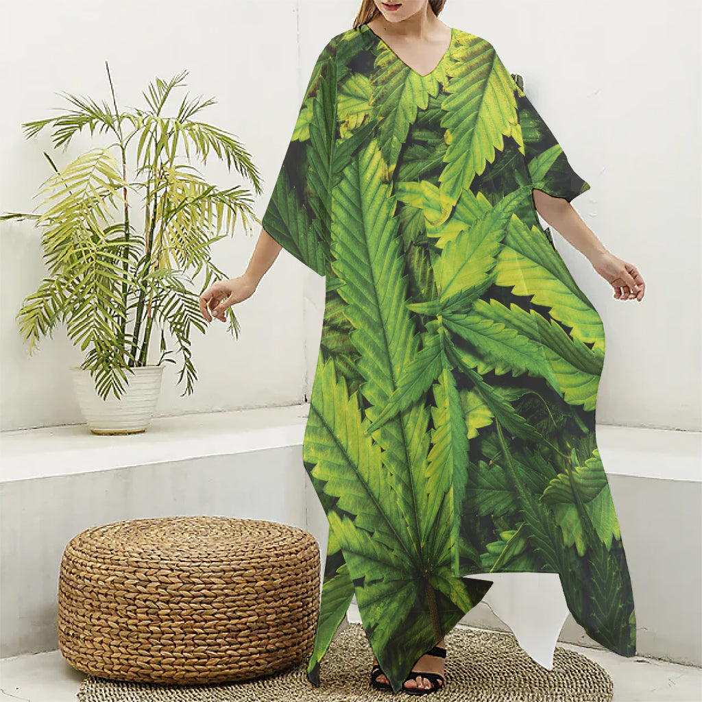 Cannabis Print Silk V-Neck Kaftan Dress