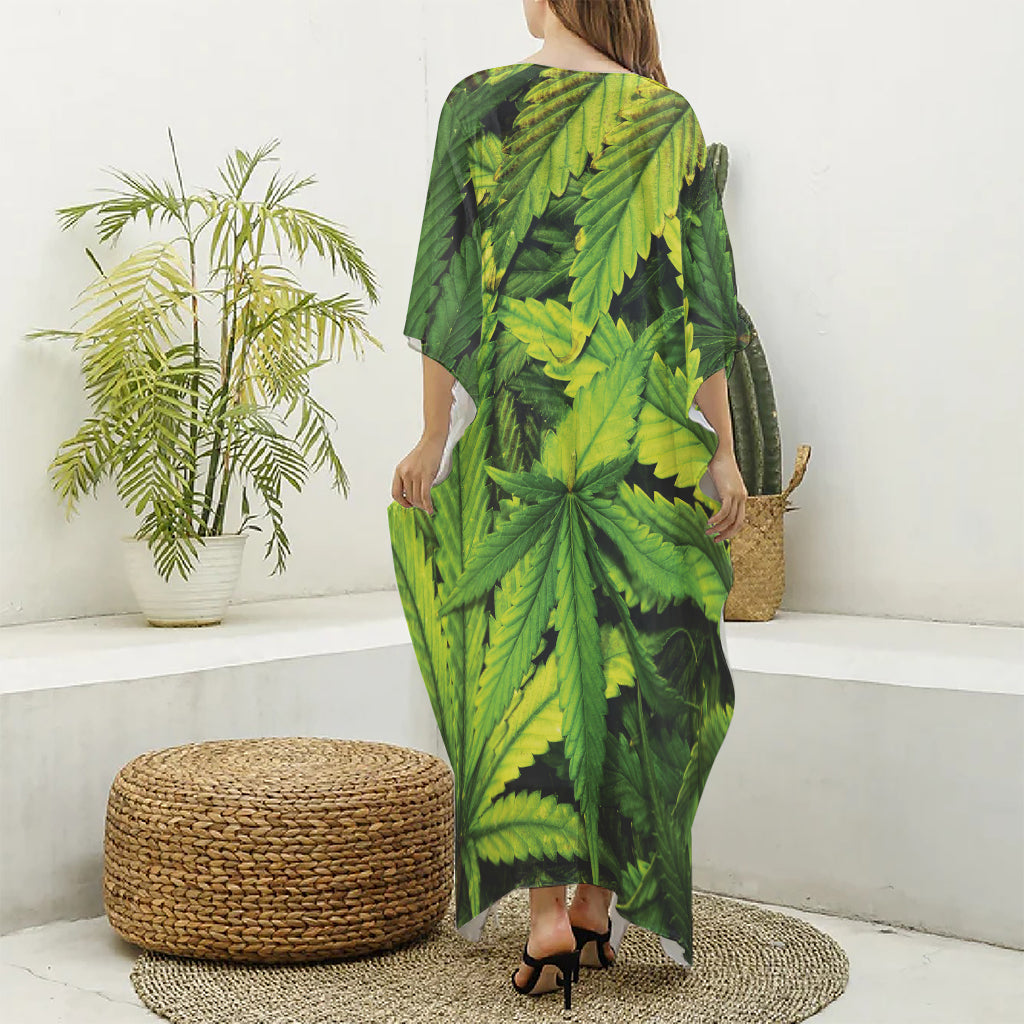 Cannabis Print Silk V-Neck Kaftan Dress