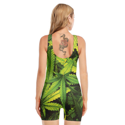 Cannabis Print Sleeveless One Piece Swimsuit