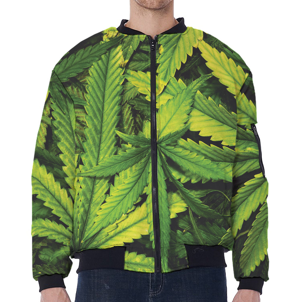 Cannabis Print Zip Sleeve Bomber Jacket