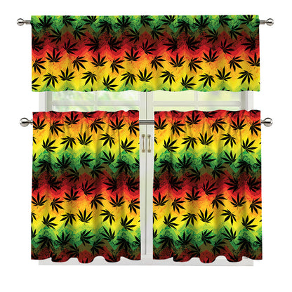 Cannabis Rasta Pattern Print 3 Piece Kitchen Curtains