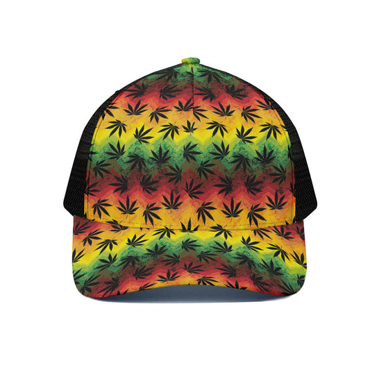 Cannabis Rasta Pattern Print Black Mesh Trucker Cap