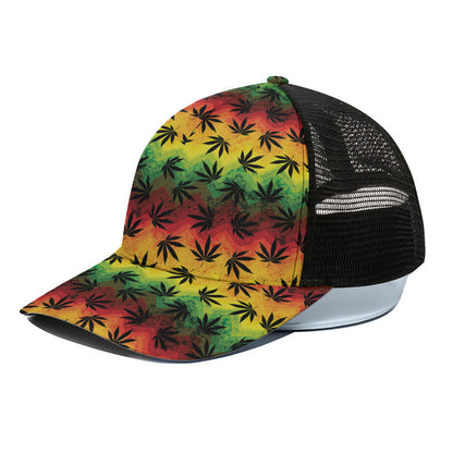 Cannabis Rasta Pattern Print Black Mesh Trucker Cap