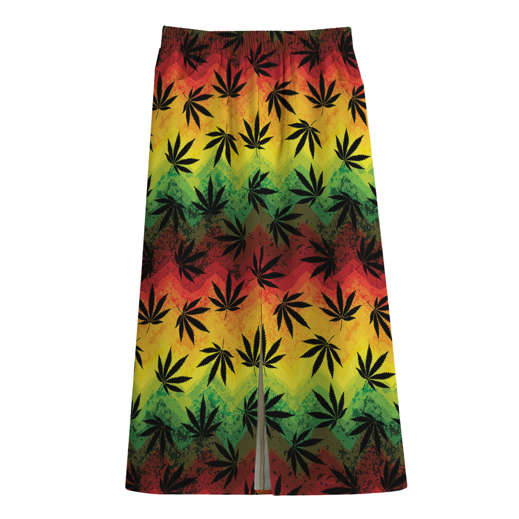 Cannabis Rasta Pattern Print Cotton Front Slit Maxi Skirt