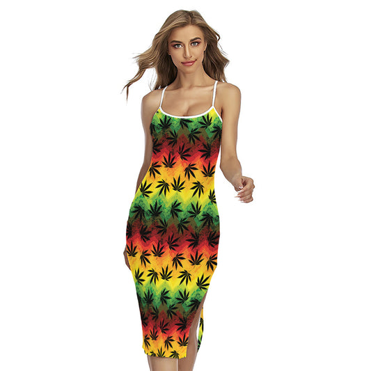 Cannabis Rasta Pattern Print Cross Back Cami Dress