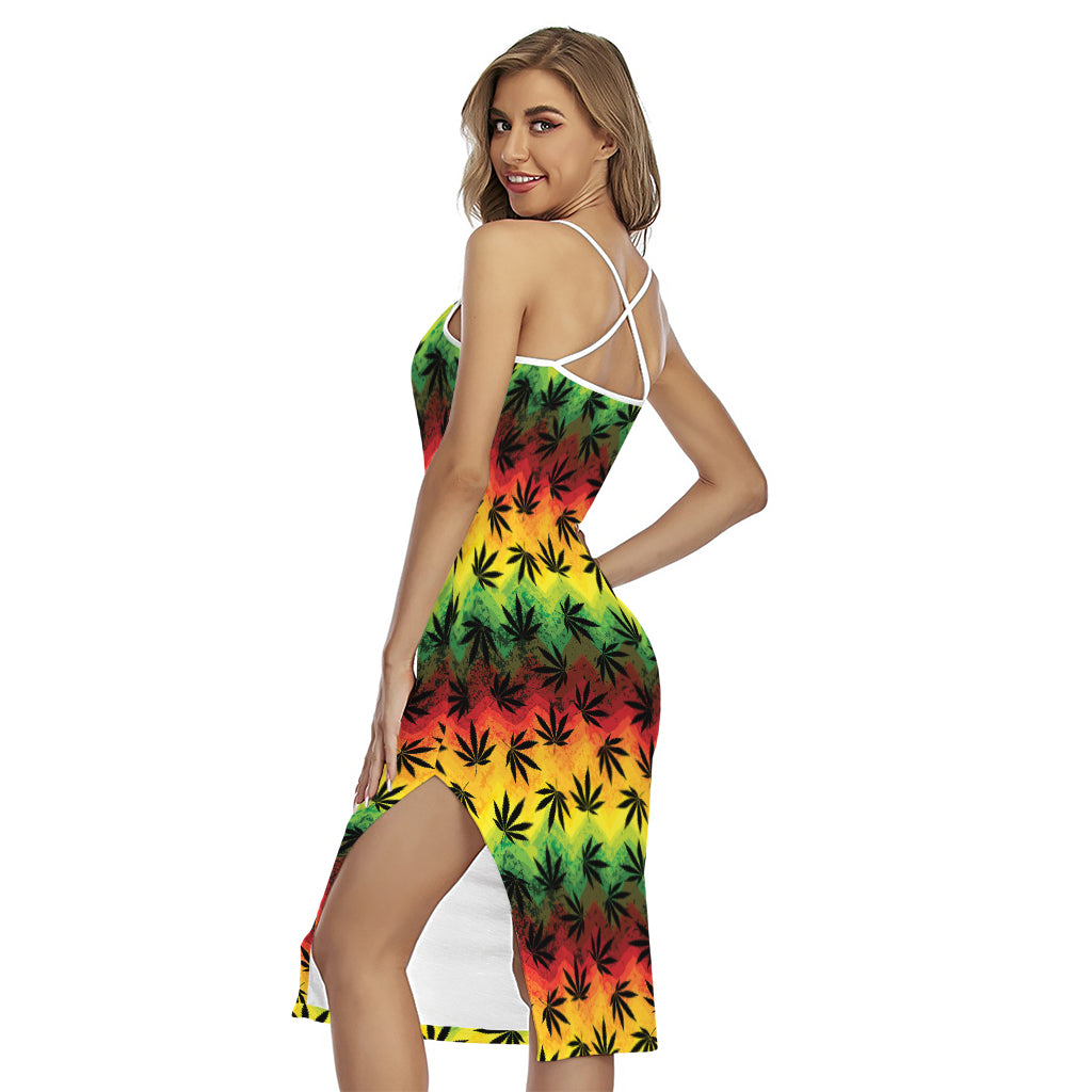 Cannabis Rasta Pattern Print Cross Back Cami Dress