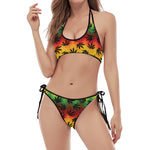 Cannabis Rasta Pattern Print Halter Scoop Tie Side Bikini