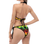 Cannabis Rasta Pattern Print Halter Scoop Tie Side Bikini