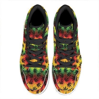 Cannabis Rasta Pattern Print High Top Leather Sneakers