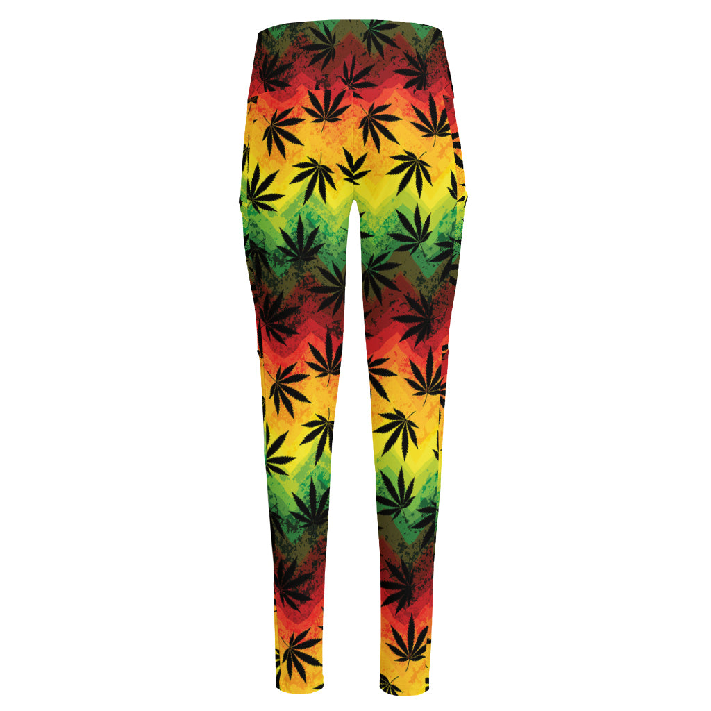 Cannabis Rasta Pattern Print High-Waisted Pocket Leggings