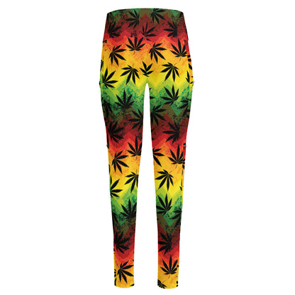 Cannabis Rasta Pattern Print High-Waisted Pocket Leggings