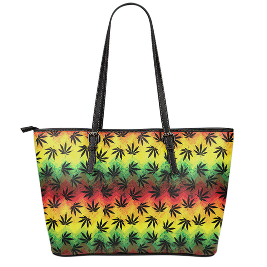 Cannabis Rasta Pattern Print Leather Tote Bag