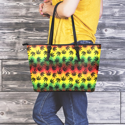 Cannabis Rasta Pattern Print Leather Tote Bag