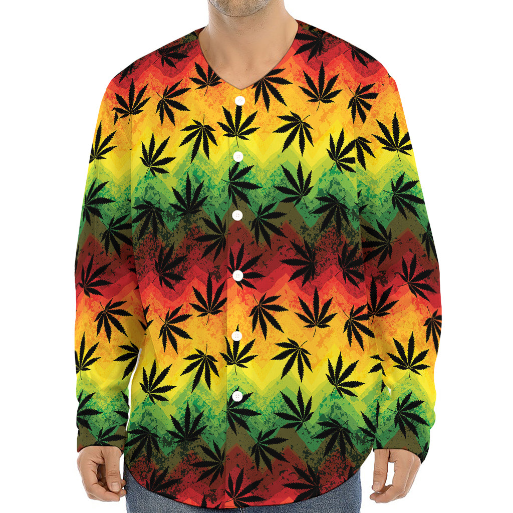 Cannabis Rasta Pattern Print Long Sleeve Baseball Jersey