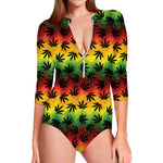 Cannabis Rasta Pattern Print Long Sleeve Swimsuit