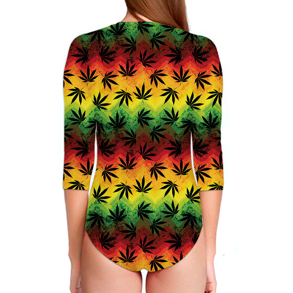 Cannabis Rasta Pattern Print Long Sleeve Swimsuit