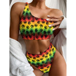 Cannabis Rasta Pattern Print One Shoulder Bikini Top