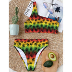 Cannabis Rasta Pattern Print One Shoulder Bikini Top