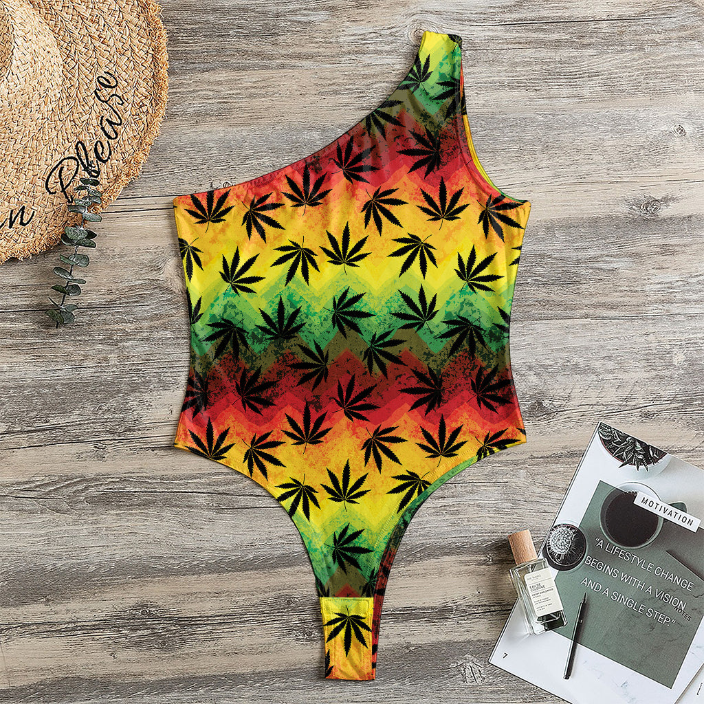 Cannabis Rasta Pattern Print One Shoulder Bodysuit