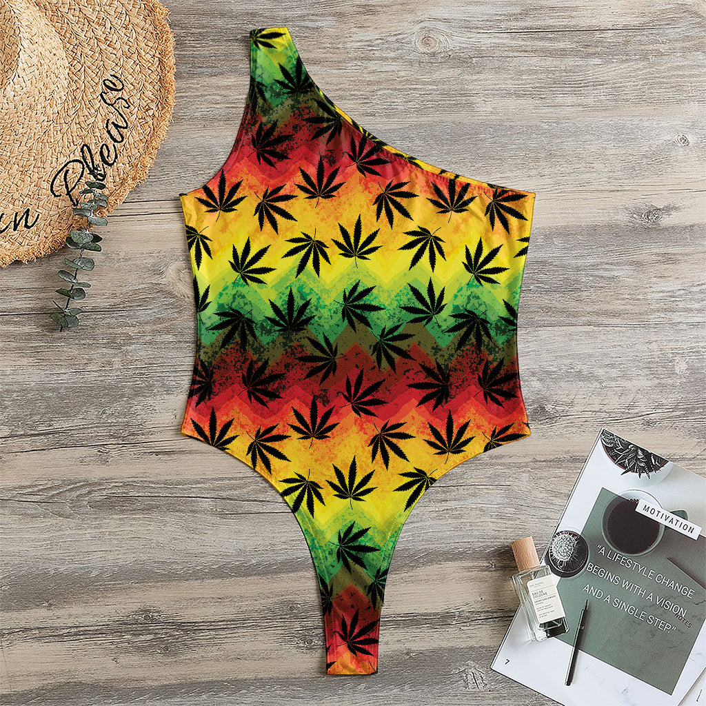 Cannabis Rasta Pattern Print One Shoulder Bodysuit