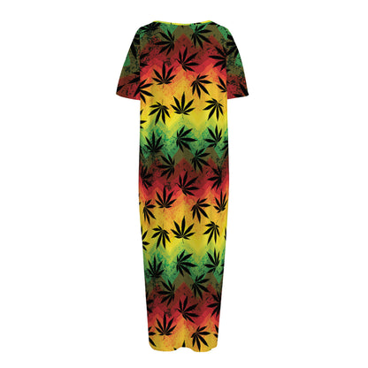 Cannabis Rasta Pattern Print Short Sleeve Long Nightdress