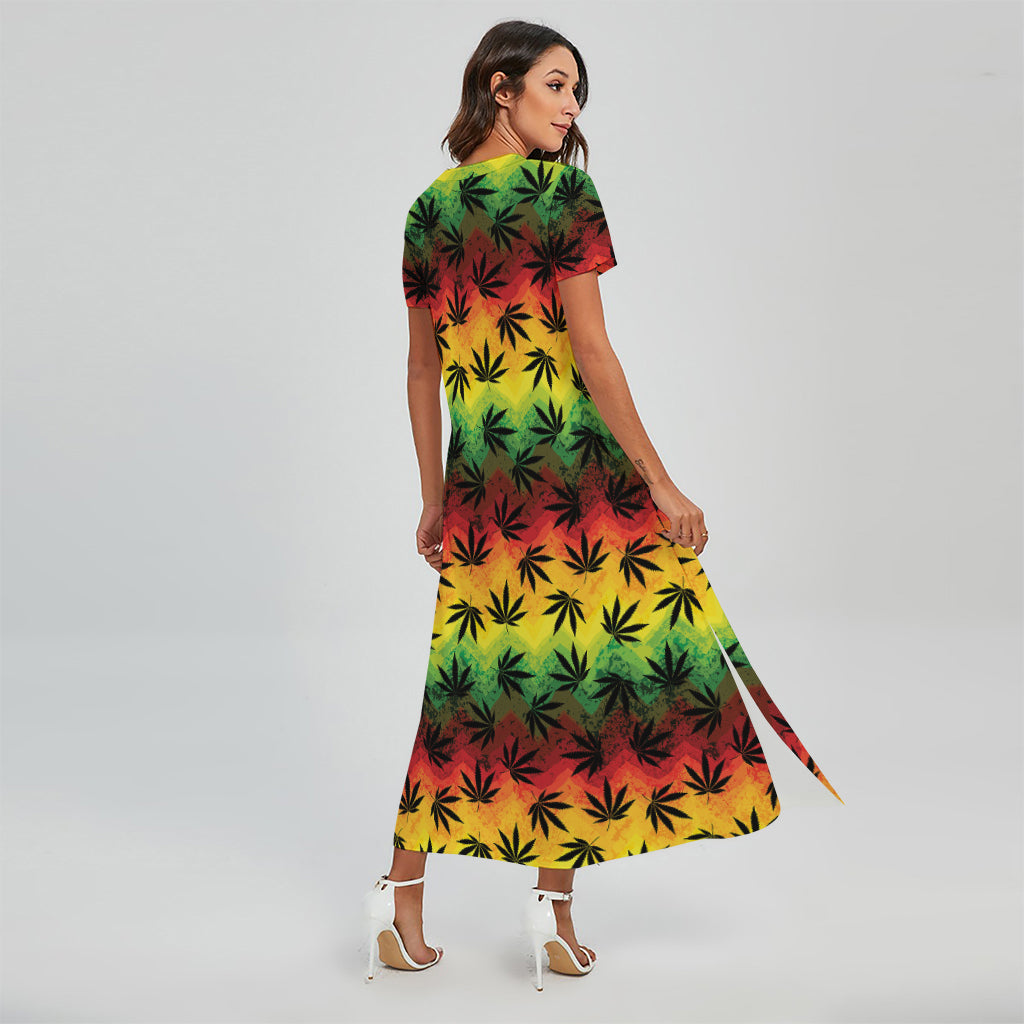 Cannabis Rasta Pattern Print Short Sleeve Maxi Dress