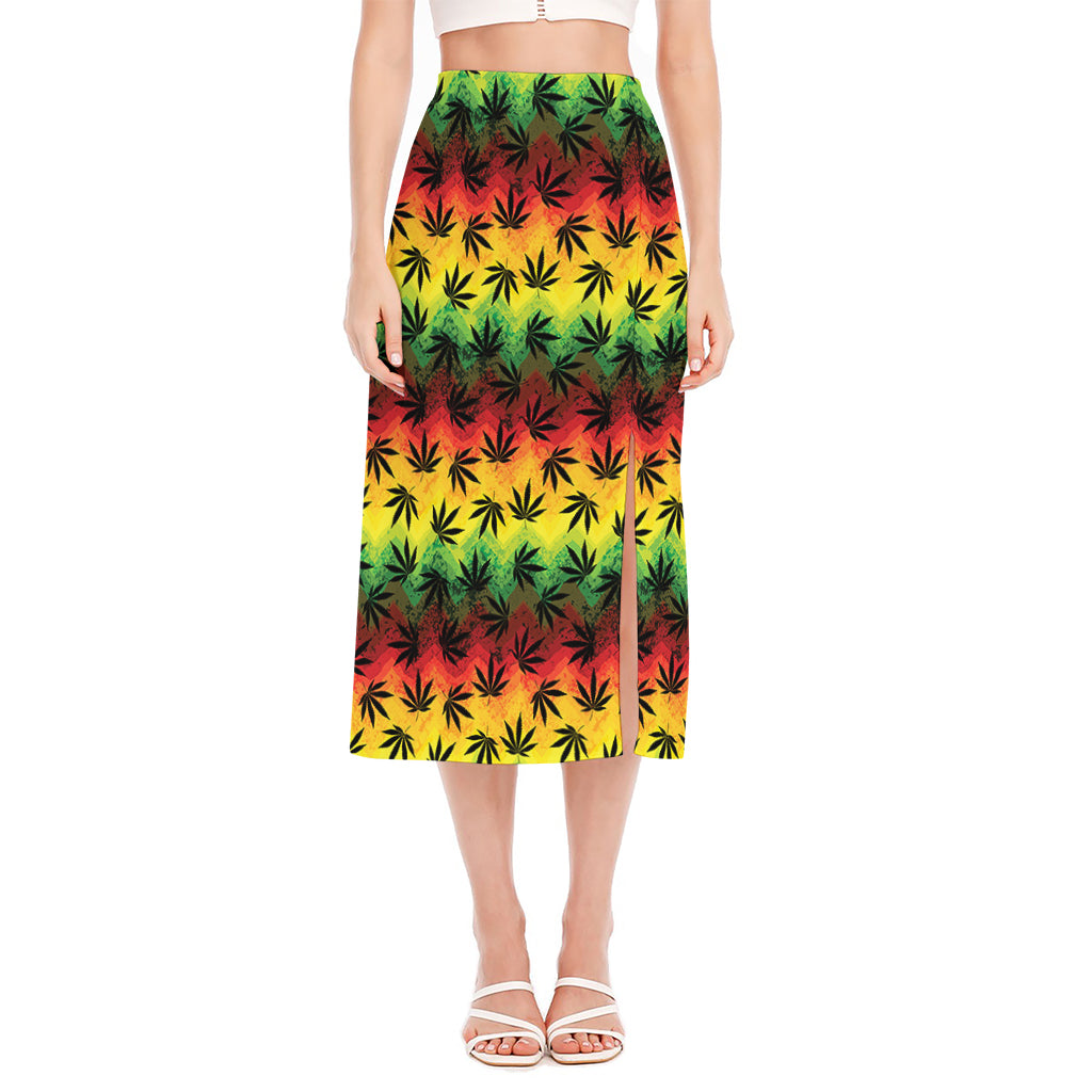 Cannabis Rasta Pattern Print Side Slit Midi Skirt