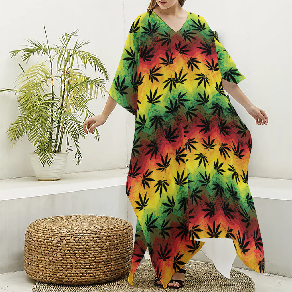 Cannabis Rasta Pattern Print Silk V-Neck Kaftan Dress