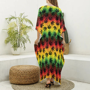 Cannabis Rasta Pattern Print Silk V-Neck Kaftan Dress