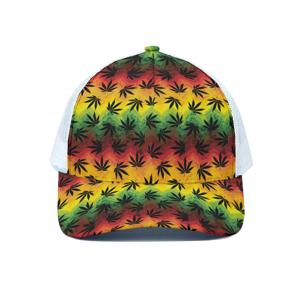 Cannabis Rasta Pattern Print White Mesh Trucker Cap