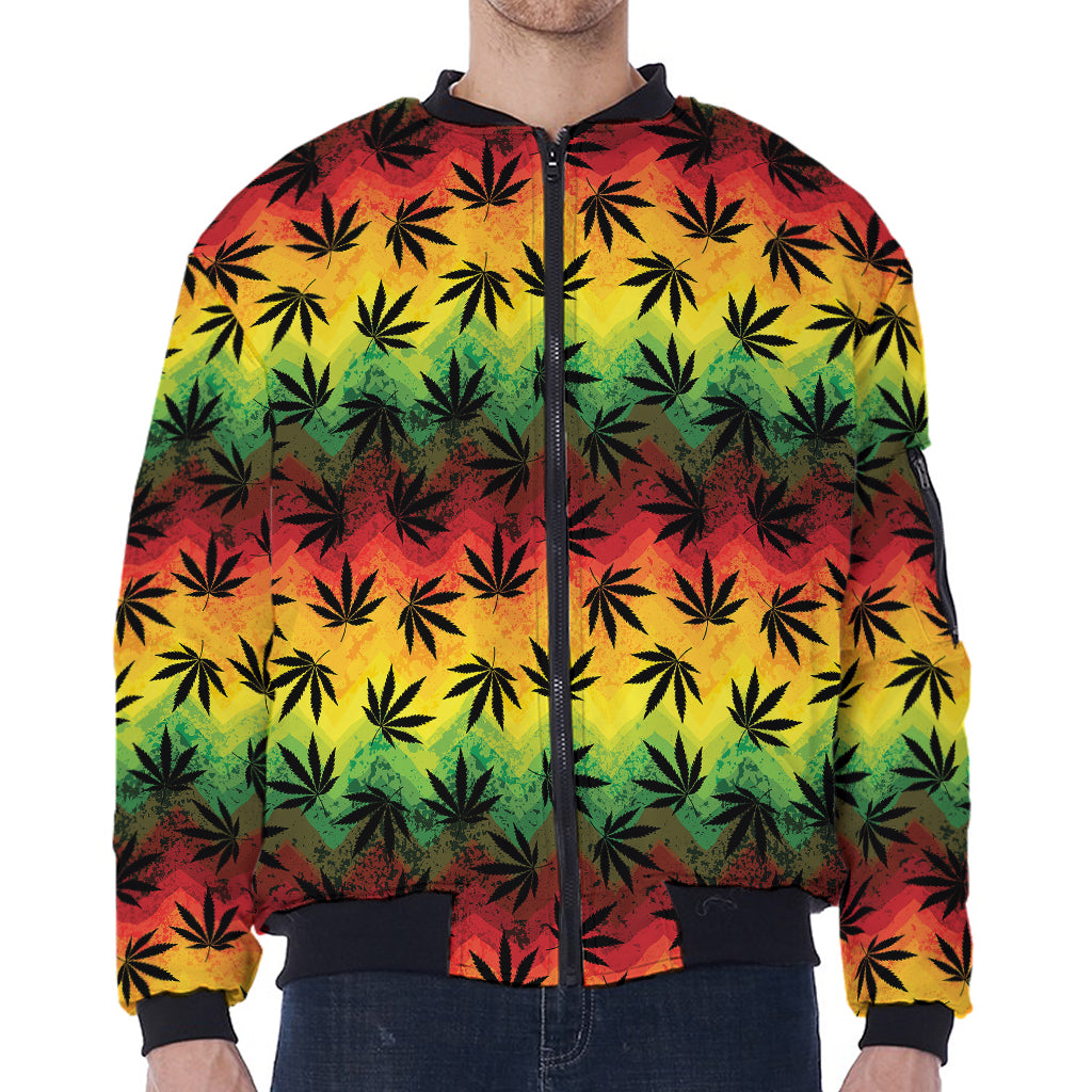 Cannabis Rasta Pattern Print Zip Sleeve Bomber Jacket