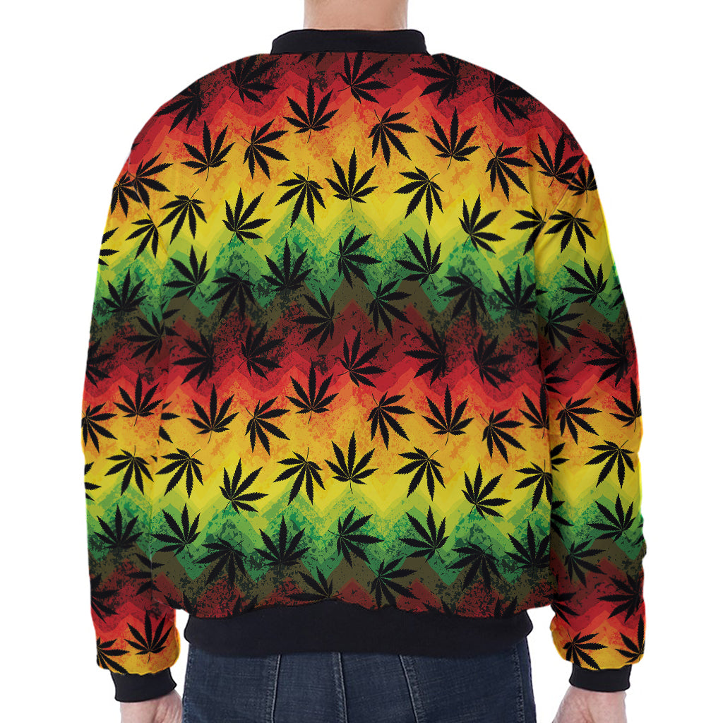 Cannabis Rasta Pattern Print Zip Sleeve Bomber Jacket