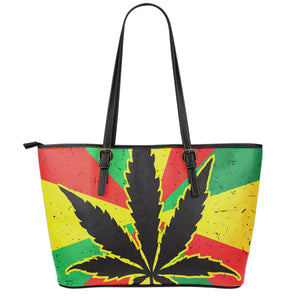 Cannabis Rasta Print Leather Tote Bag