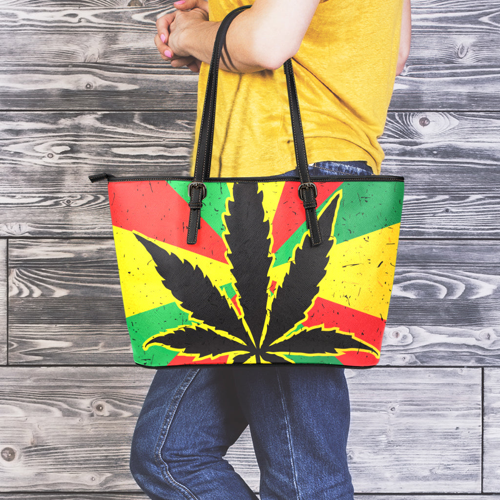 Cannabis Rasta Print Leather Tote Bag