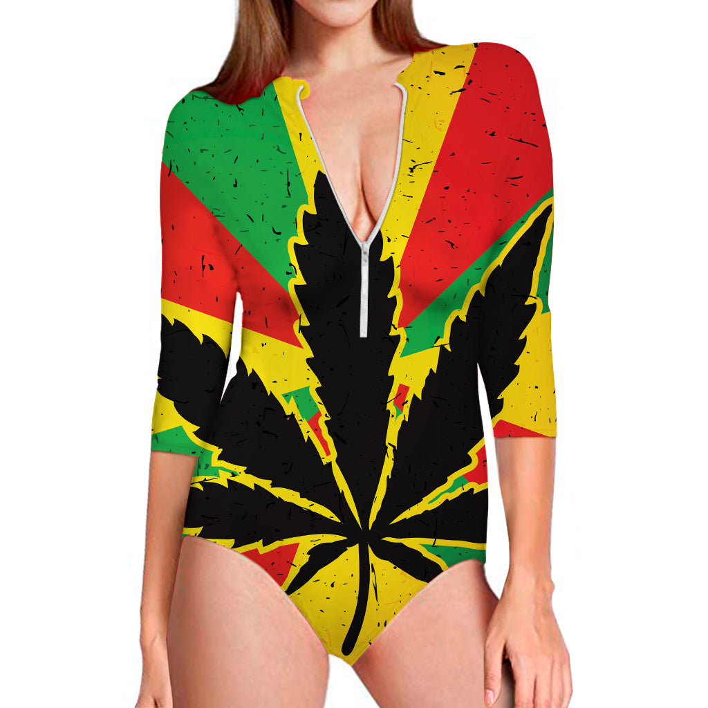 Cannabis Rasta Print Long Sleeve Swimsuit