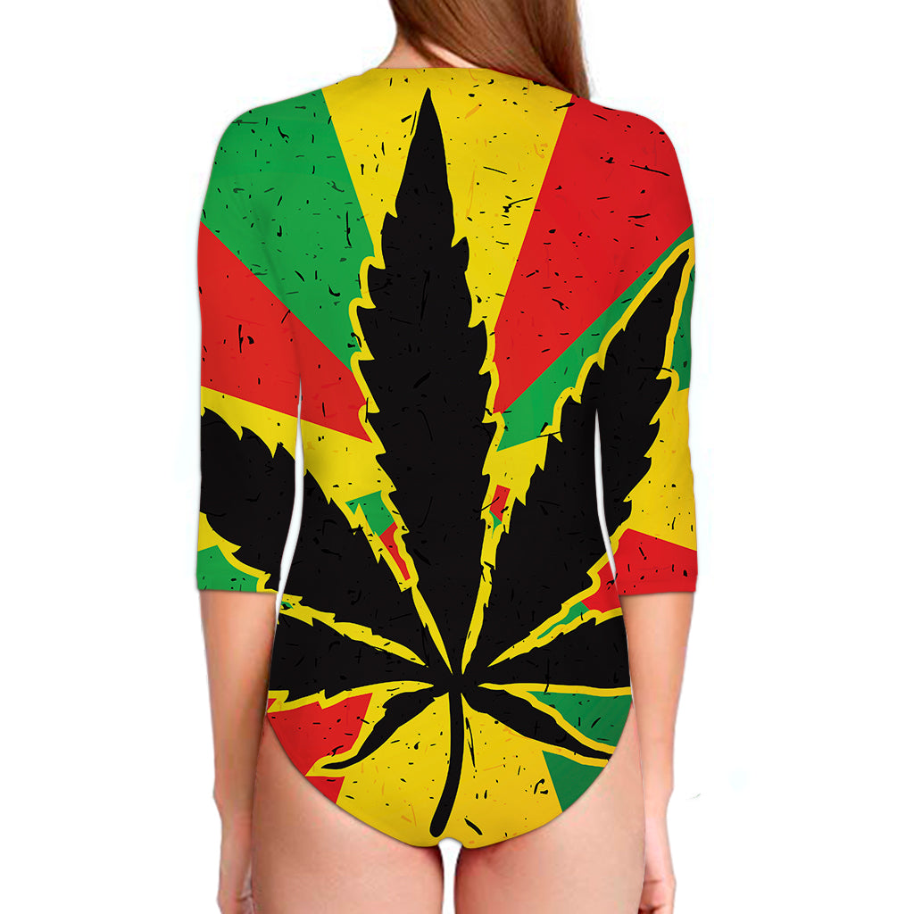 Cannabis Rasta Print Long Sleeve Swimsuit