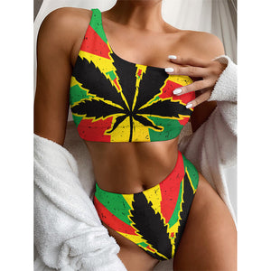 Cannabis Rasta Print One Shoulder Bikini Top