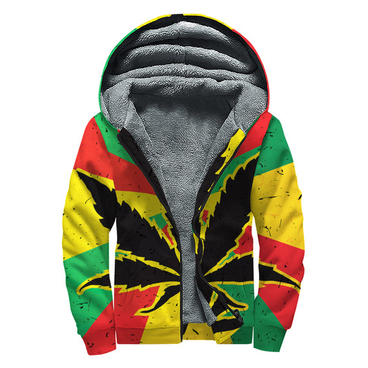 Cannabis Rasta Print Sherpa Lined Zip Up Hoodie