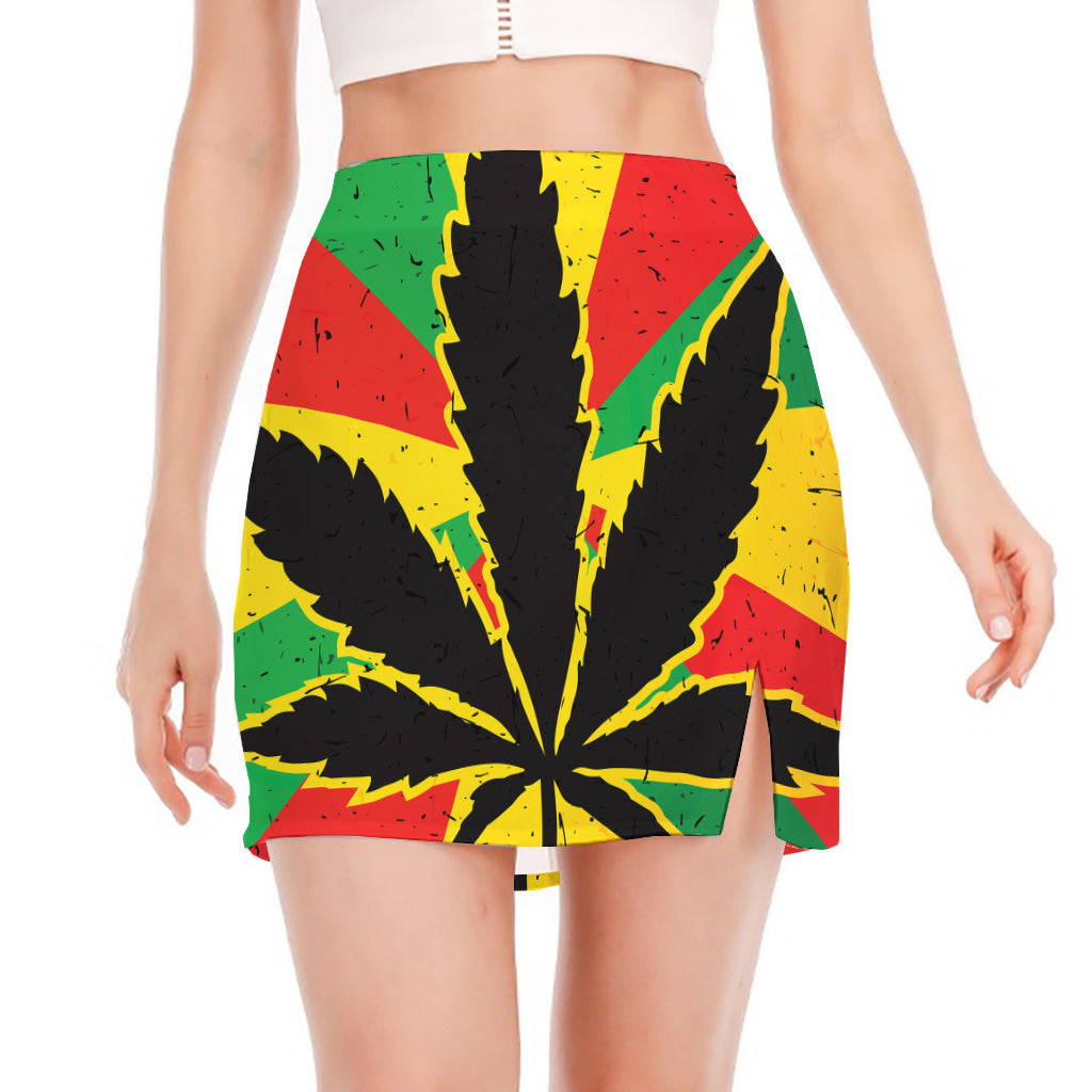 Cannabis Rasta Print Side Slit Mini Skirt