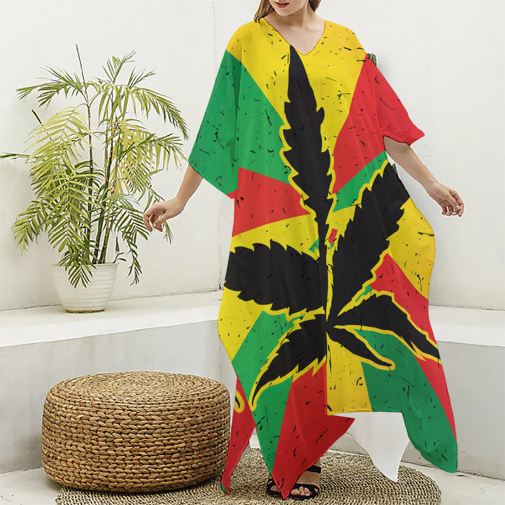 Cannabis Rasta Print Silk V-Neck Kaftan Dress