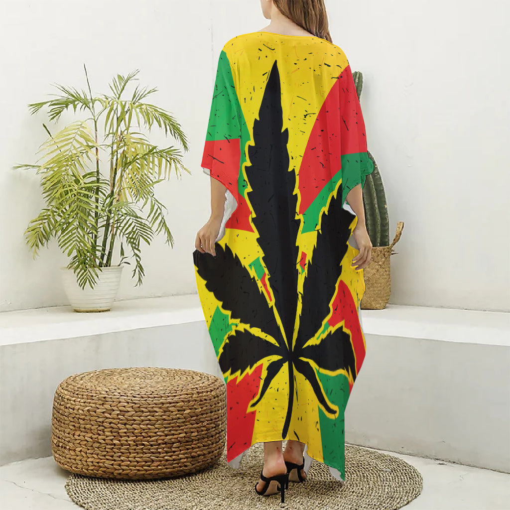 Cannabis Rasta Print Silk V-Neck Kaftan Dress