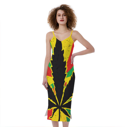 Cannabis Rasta Print Slim Fit Midi Cami Dress